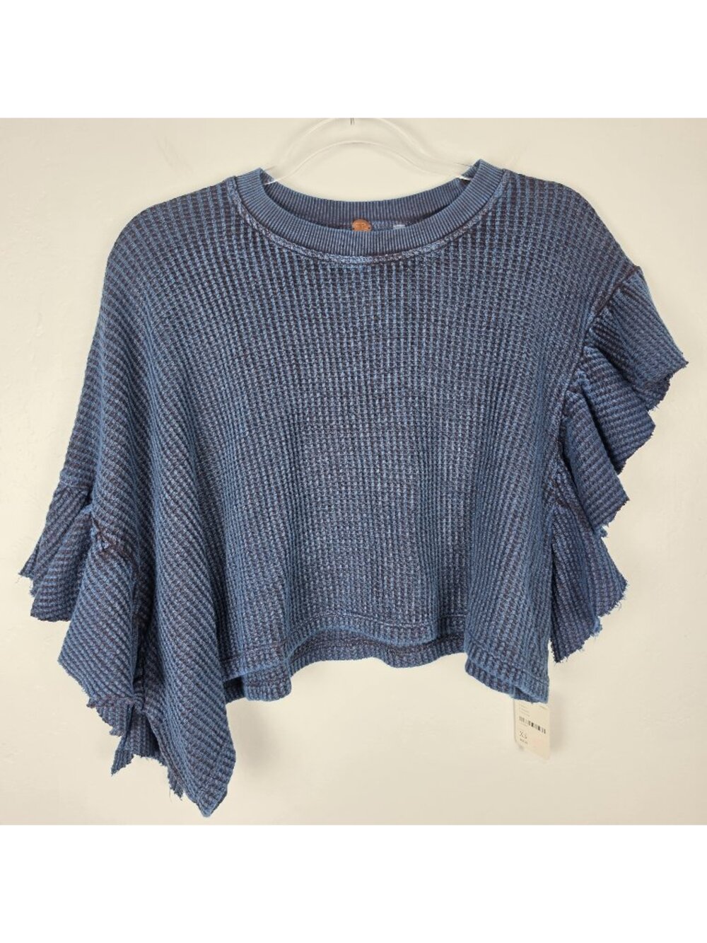 Free People Knit Top Crop Asymmetric Ruffle Short Sleeve Textured Blue XS NWT
